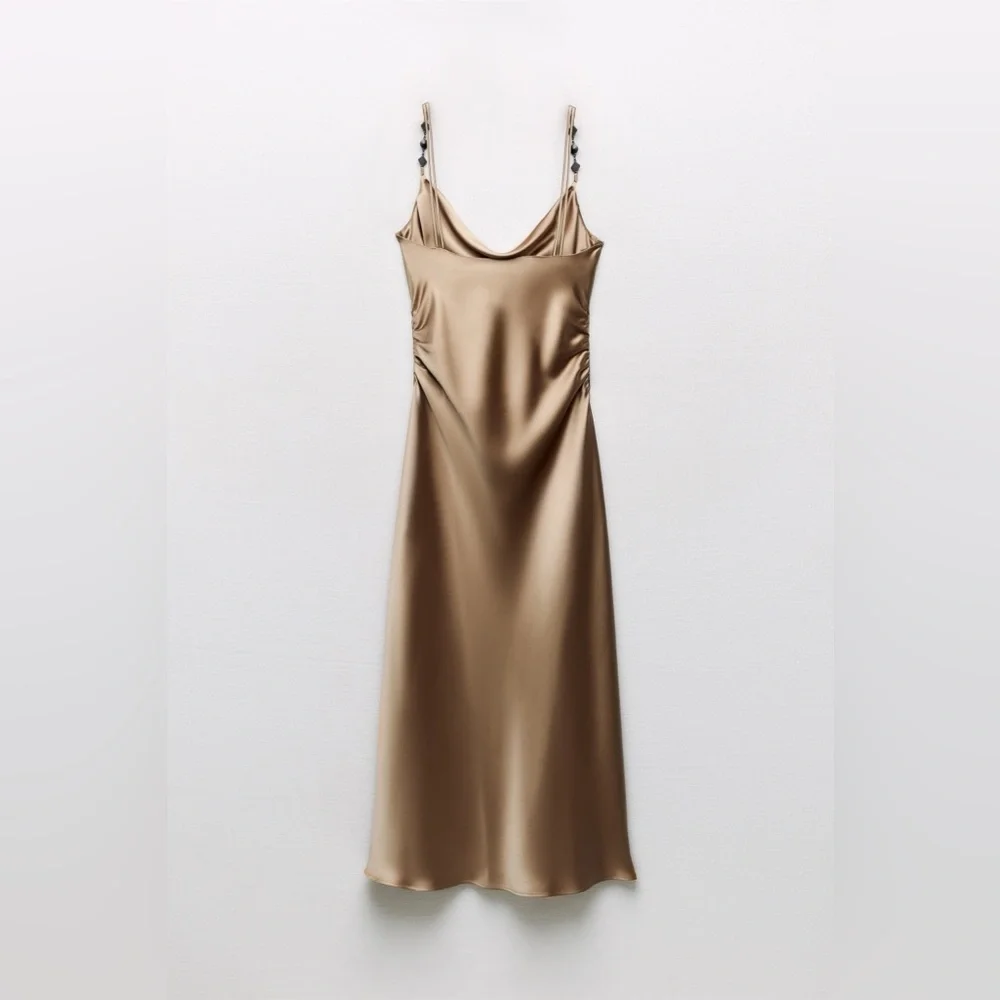 🆕(NWT) ZARA Bloggers Fav Beaded Strap Satin Midi Dress. Size LARGE - Picture 4 of 14